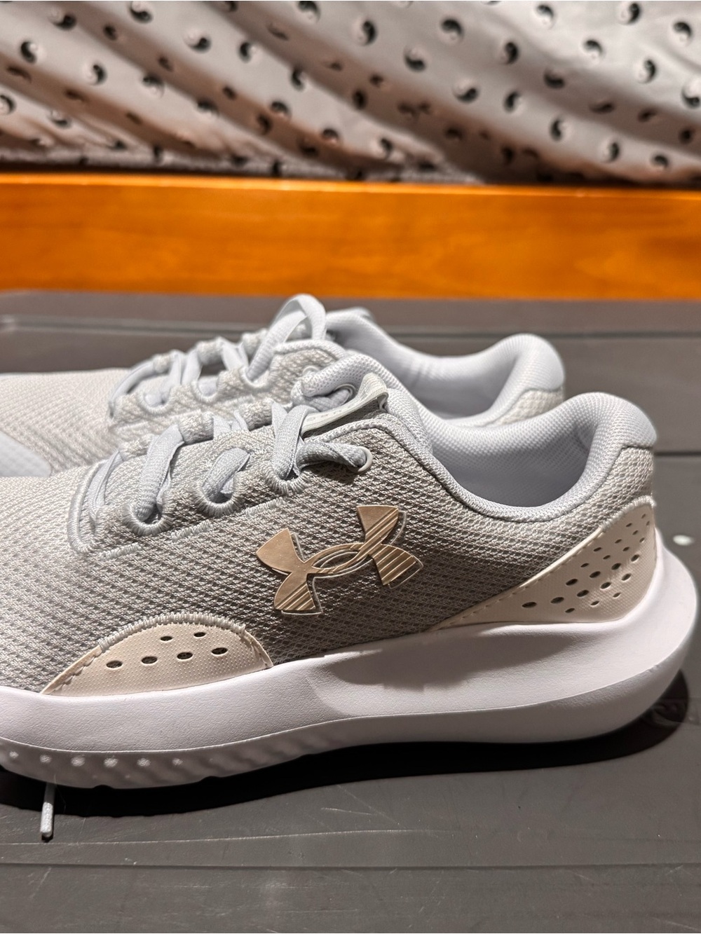 Under Armour Women's Light Gray Mesh Training Shoes with Beige Logo